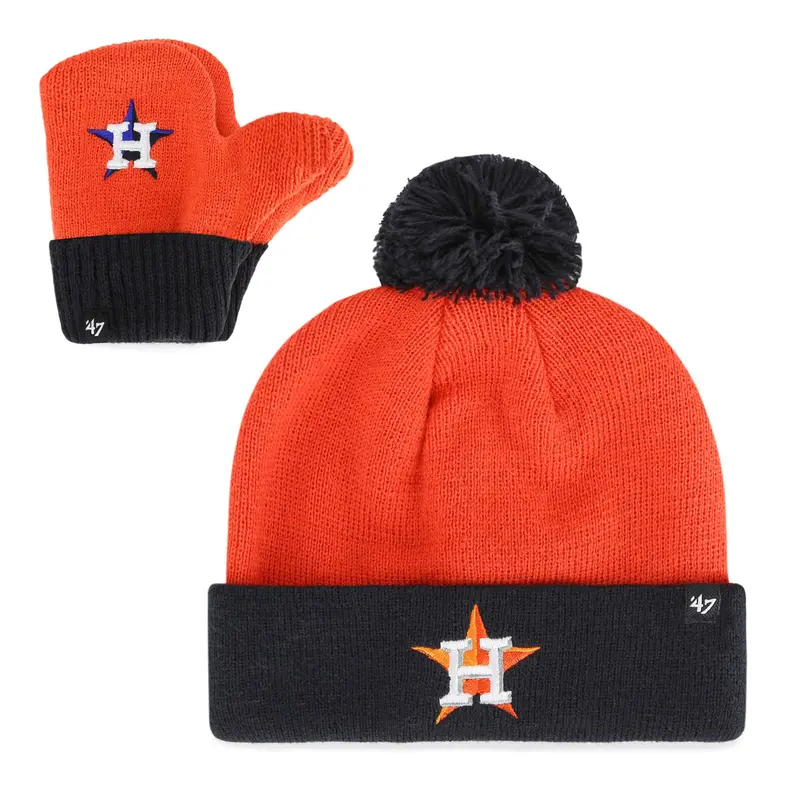 '47 Astros Bam Bam Set – Toddler Orange Knit Beanie & Mittens With Pom-Pom 1