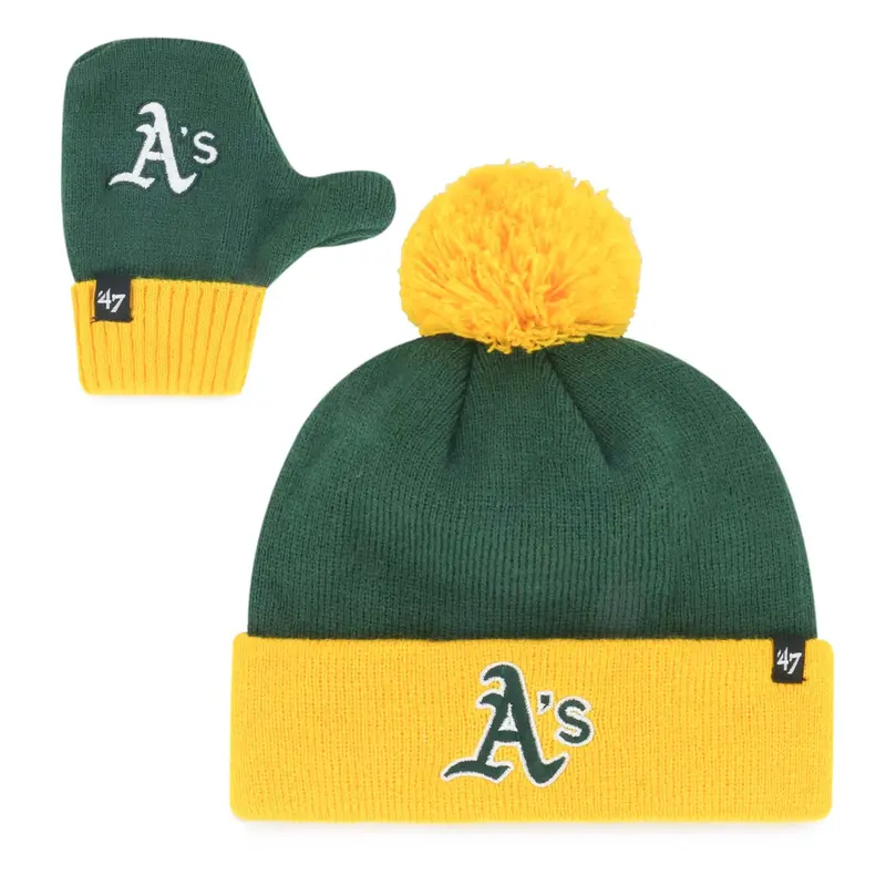 '47 Athletics Bam Bam Set – Toddler Green Knit Beanie & Mittens With Pom-Pom 1