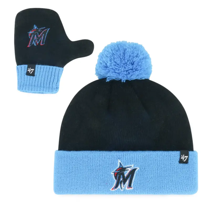 '47 Marlins Bam Bam Set – Toddler Black Knit Beanie & Mittens With Pom-Pom 1