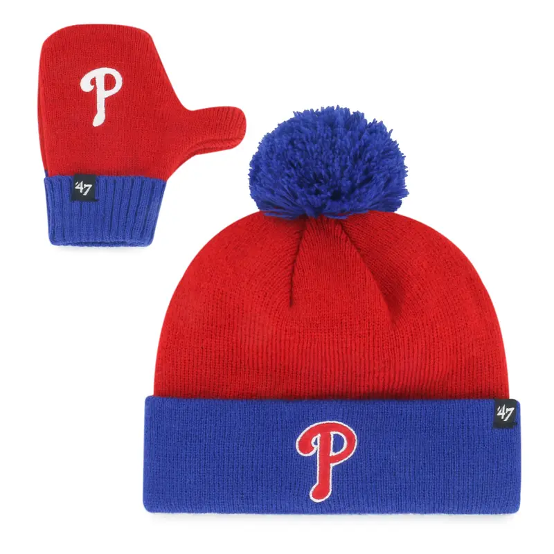 '47 Phillies Bam Bam Set – Toddler Red Knit Beanie & Mittens With Pom-Pom 1