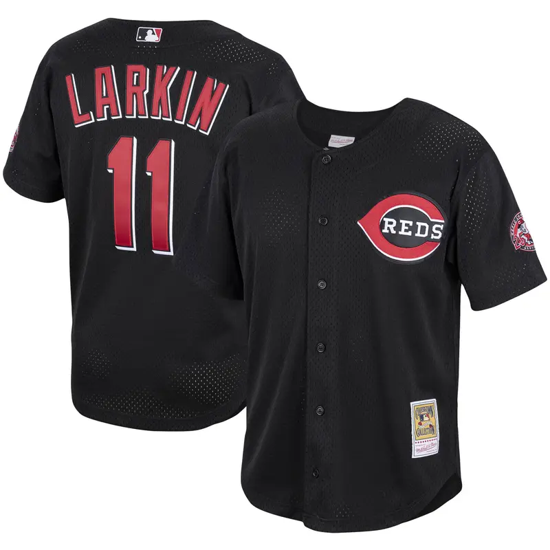 Barry Larkin Cooperstown Collection Mesh Button-Up Jersey – Black Reds For Men 1
