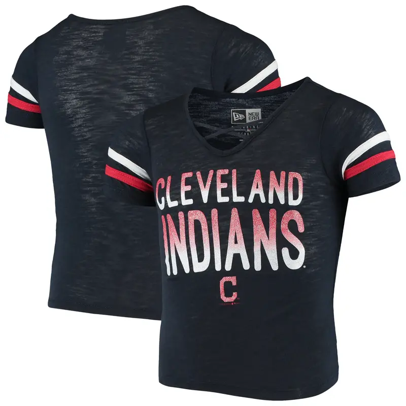 Cleveland Indians Slub V-Neck T-Shirt – Navy Youth Jersey By New Era For Girls 1